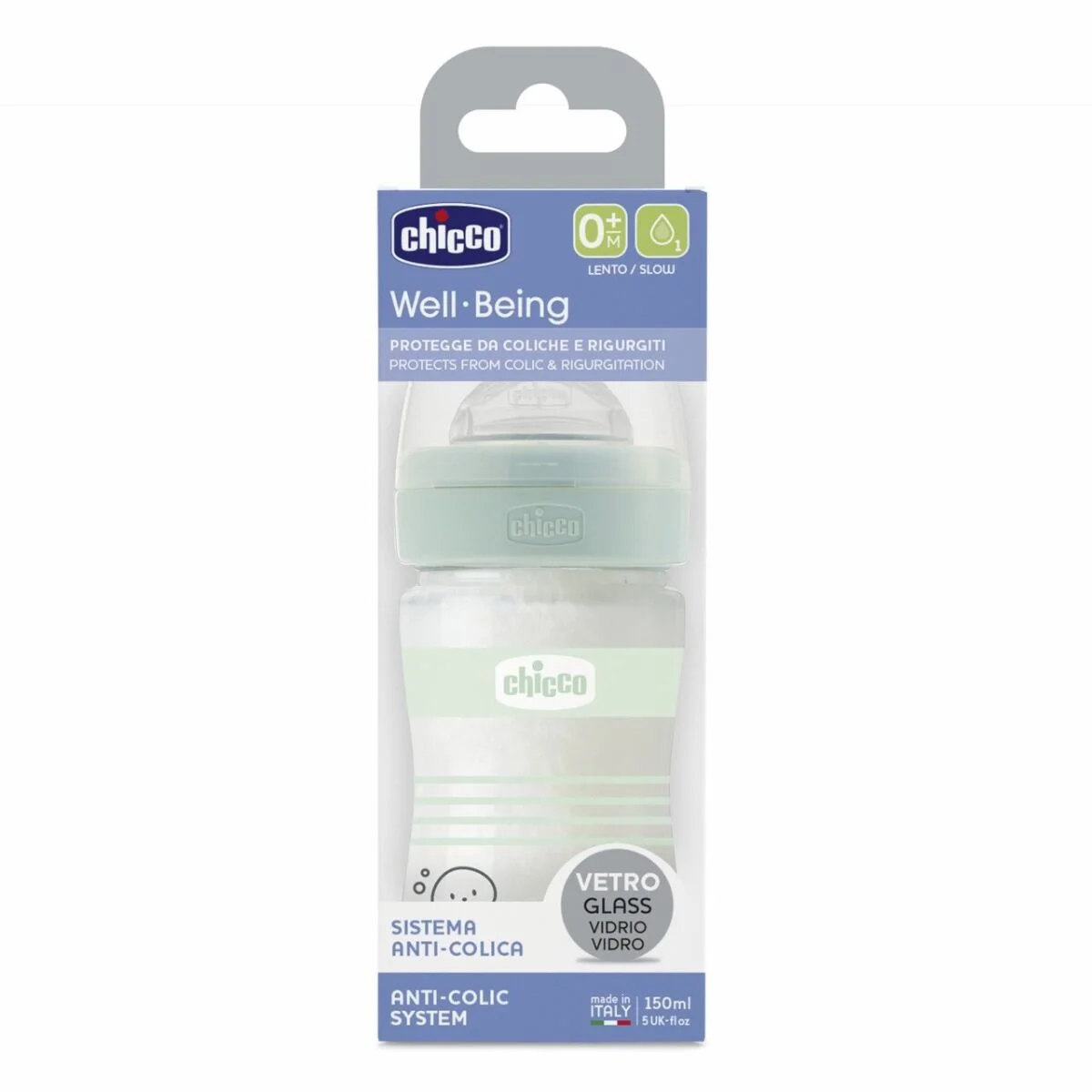 Бутылочка Chicco Wellbeing для кормления силикон стеклянная 150 мл 0м+ зеленый купить,NaN