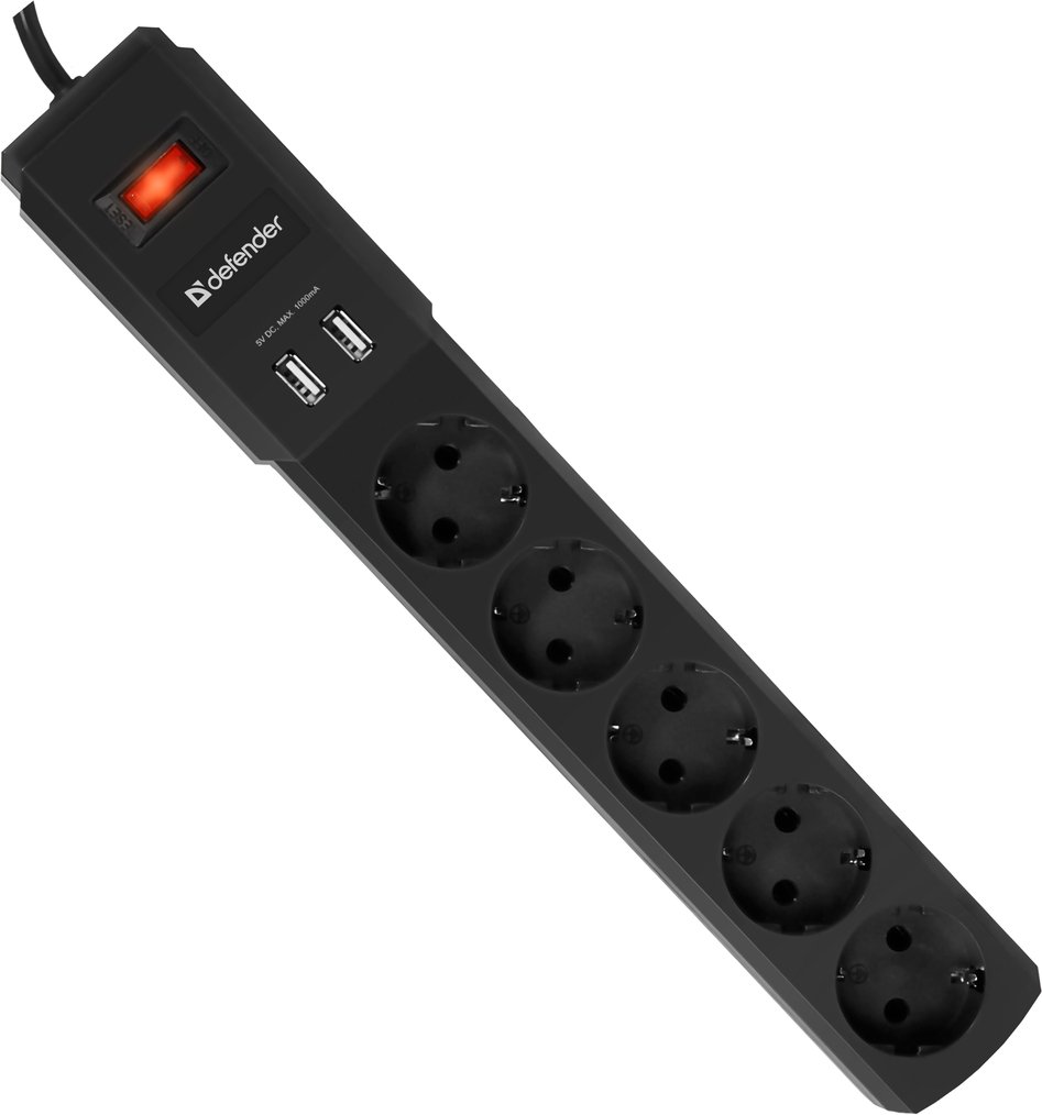 Сетевой фильтр Defender DFS 451 1.8m черный