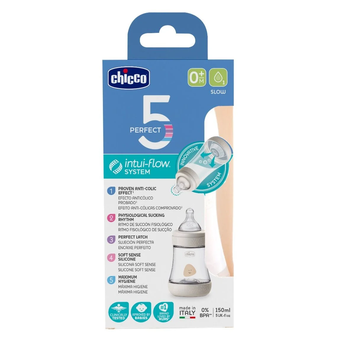 Бутылочка для кормления Chicco Perfect5 силикон 150 мл 0м+ бежевый купить,NaN