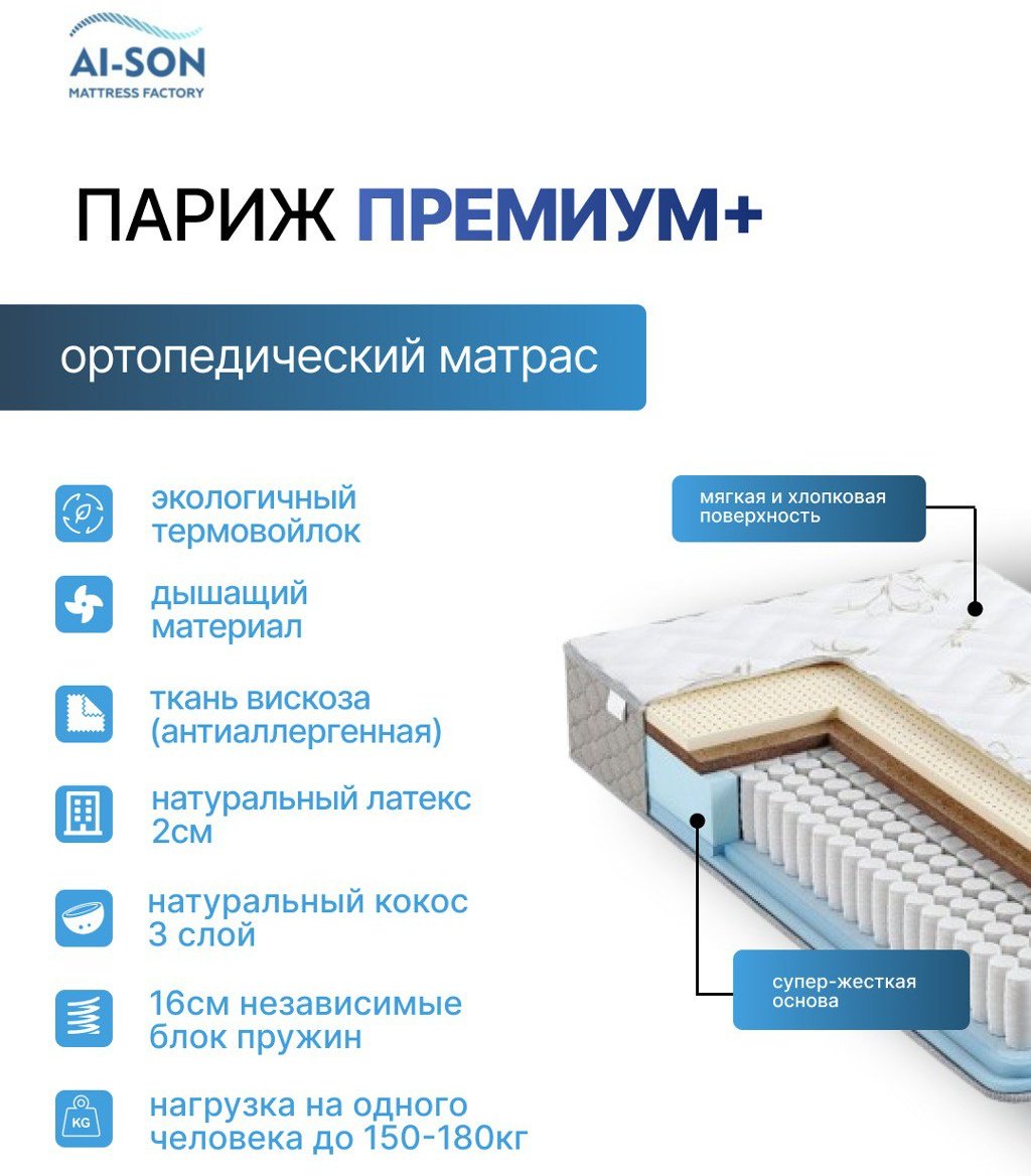 Матрас AI-SON Париж Премиум +, 160x200x25 см купить,154864