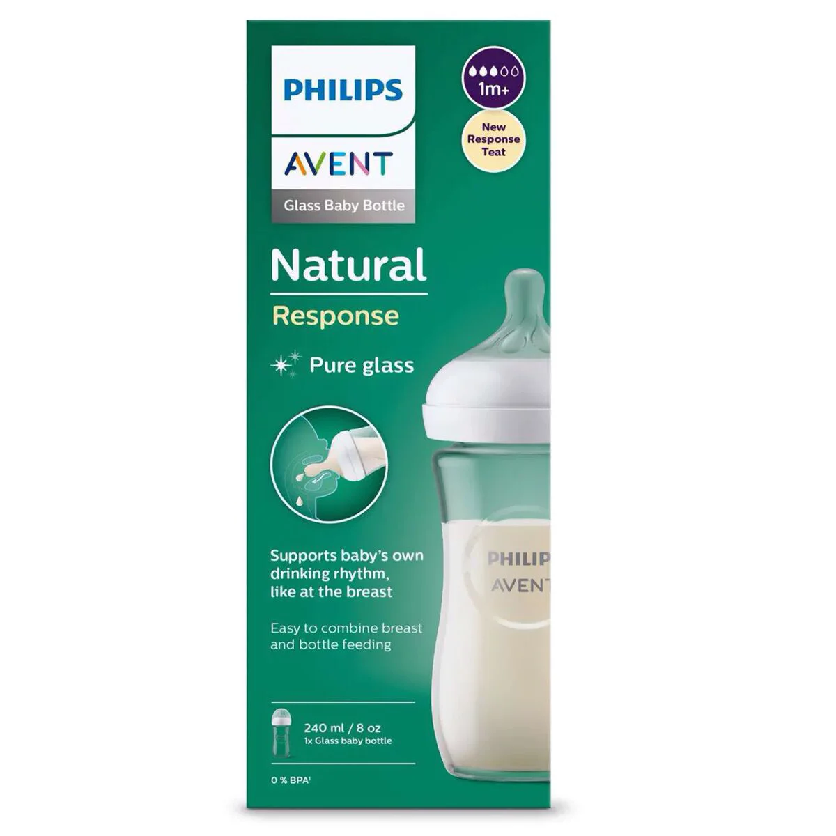 Бутылочка для кормления Philips Avent Natural Response с клапаном AirFree 240 мл 1м+ (стекло) купить,NaN