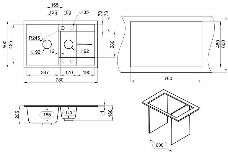 Кухонная мойка GRANULA 7802 врезная 78х50х18.5 см, искусственный камень