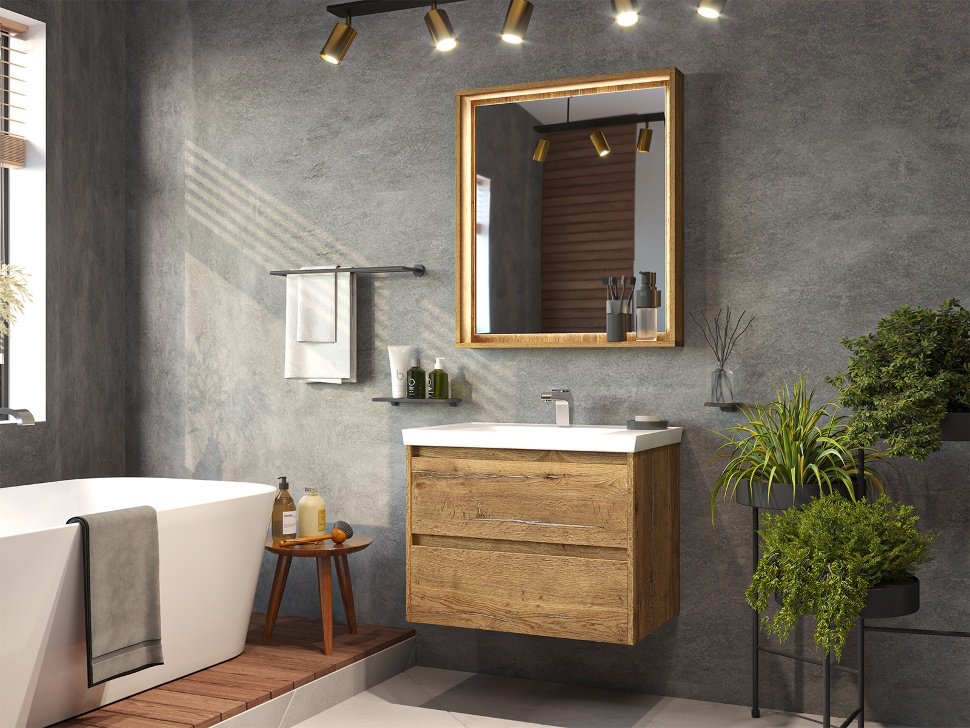 Комплект для ванной Brevita Dallas (тумба под раковину, зеркало, раковина) коричневый