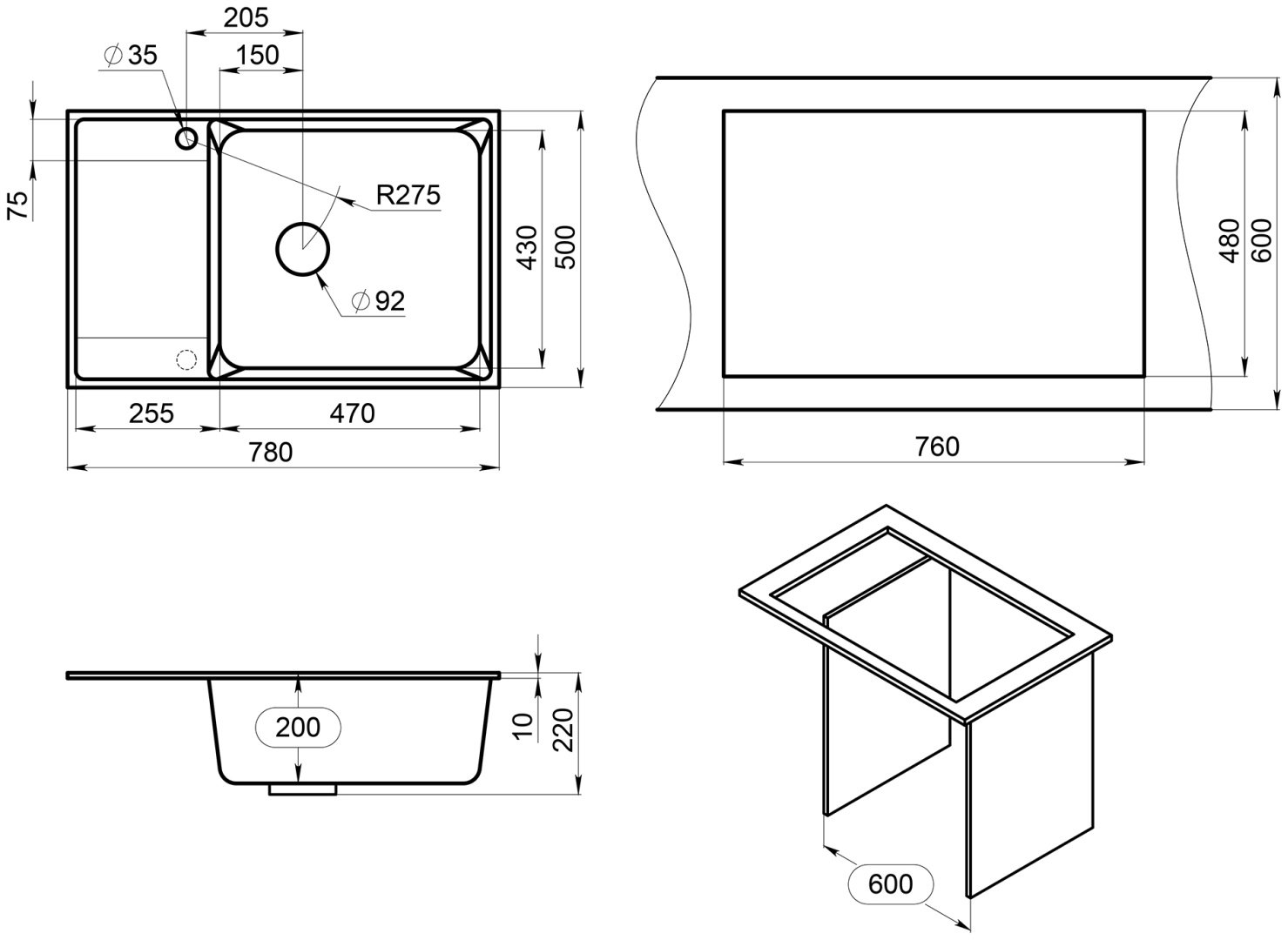 Кухонная мойка POINT PN3012AL врезная 78х50х22 см, кварцевый песок