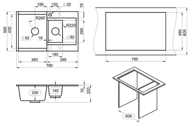 Кухонная мойка GRANULA ES-7808 врезная 78х50х20 см, кварцевый песок, тон базальт