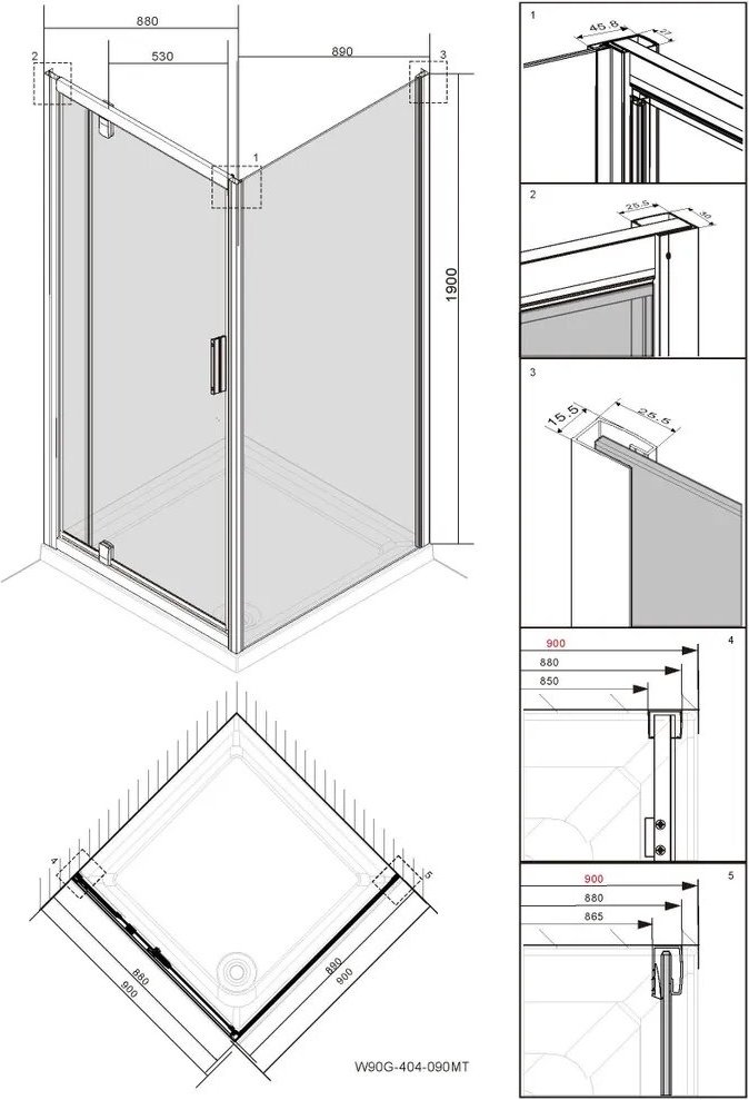 Душевое ограждение AM.PM двухстенное W90G-404-090MT, 900х1900 мм купить,NaN