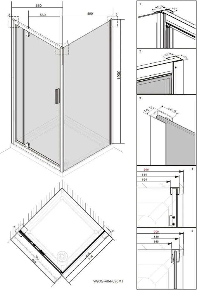 Душевое ограждение AM.PM двухстенное W90G-404-090MT, 900х1900 мм купить,NaN