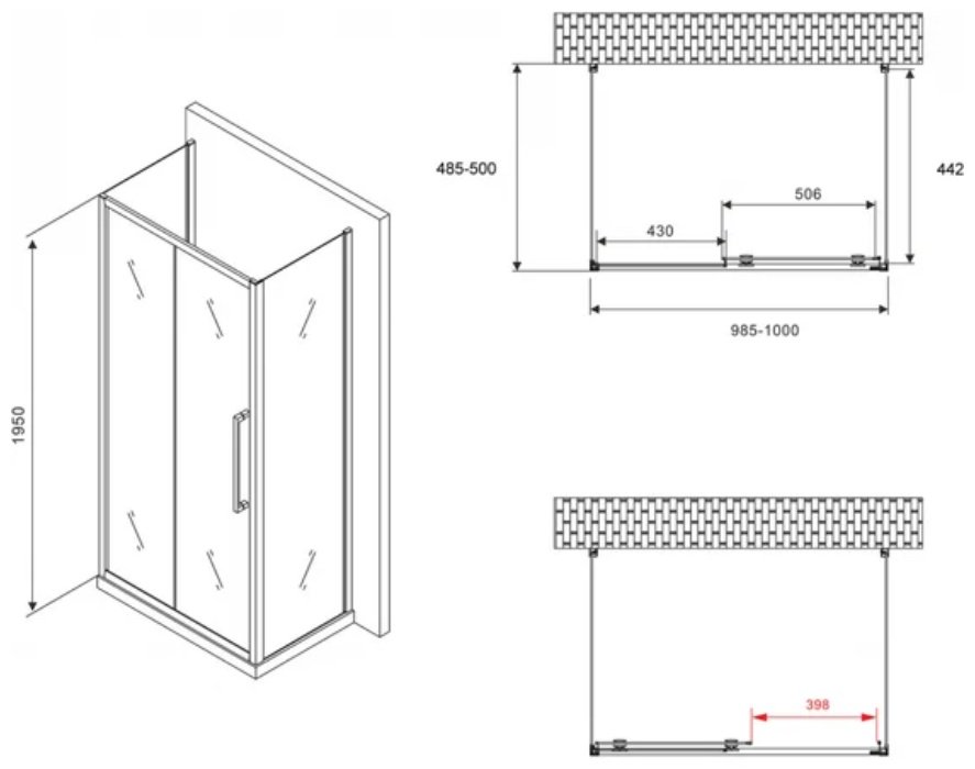Душевое ограждение Abber трехстенное AG30100H-S50-S50, 1000х1950 мм купить,NaN