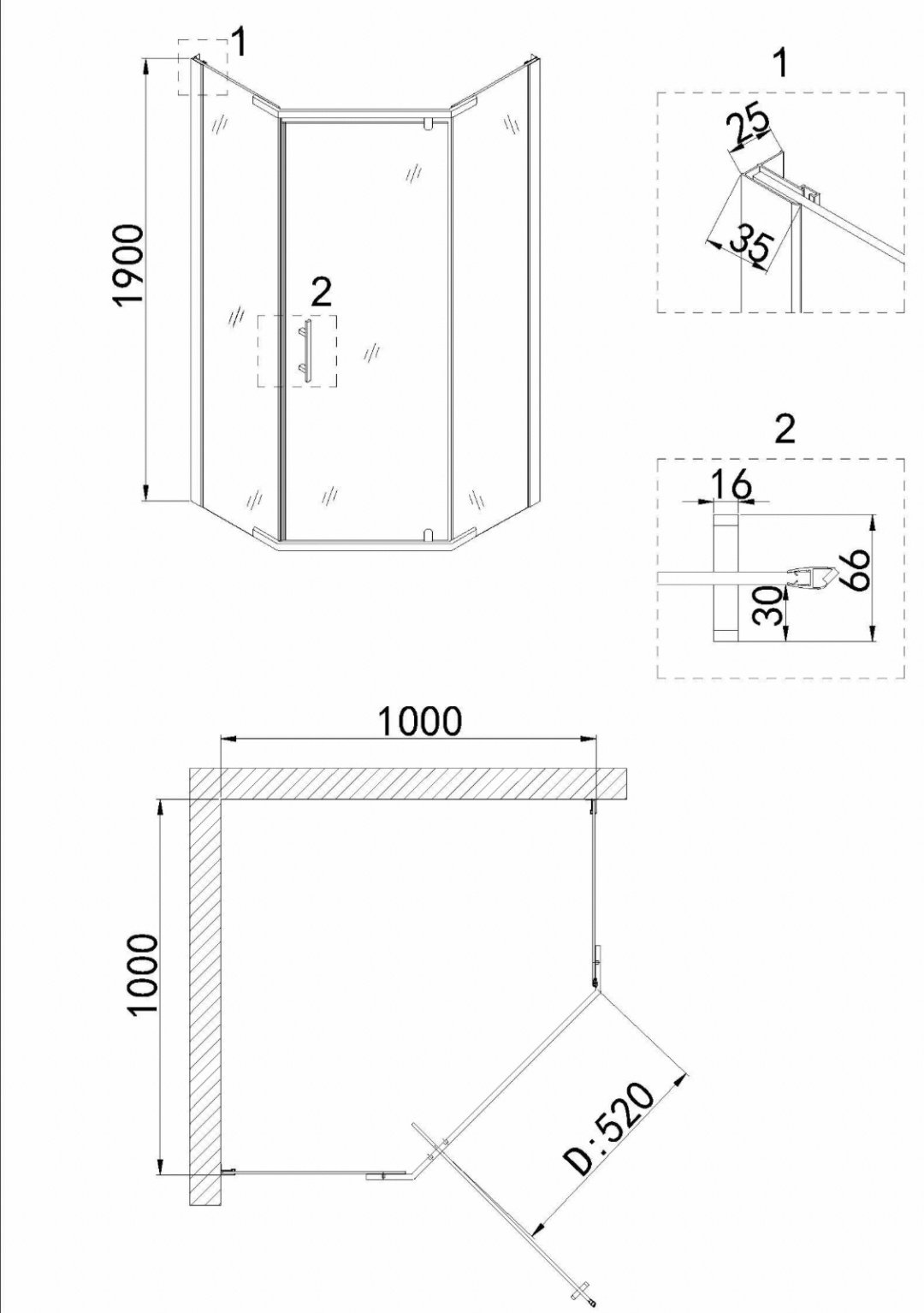 Душевое ограждение KABINKA.KZ трехстенное NG-6634-08, 1000х1900 мм