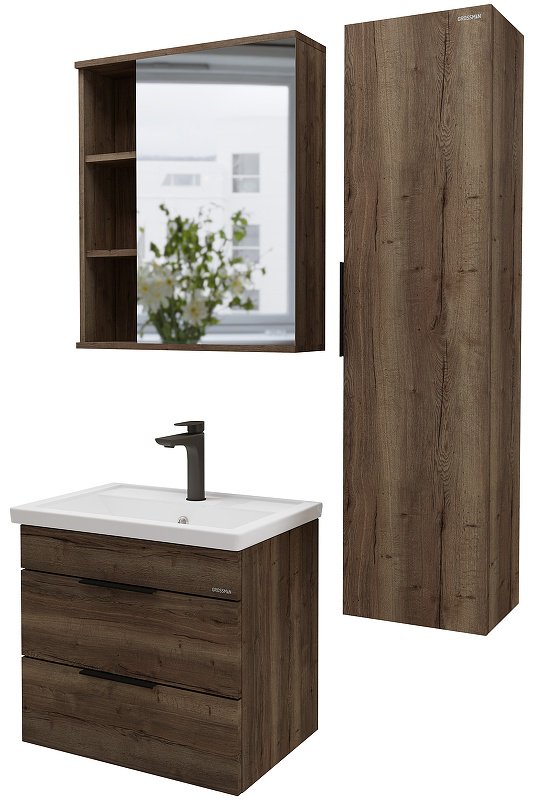 Комплект для ванной Grossman ФОРТА (шкаф-пенал, тумба под раковину, зеркало, раковина) темно-коричневый
