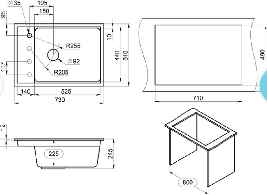 Кухонная мойка GRANULA KS-7305 врезная 73х51х25 см, кварцевый песок, тон шварц