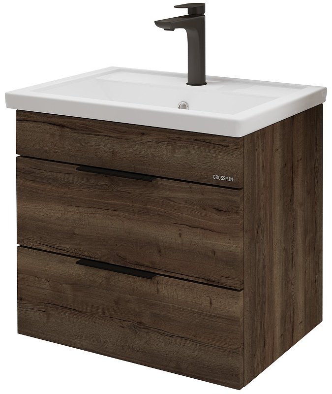 Комплект для ванной Grossman ФОРТА (шкаф-пенал, тумба под раковину, зеркало, раковина) темно-коричневый