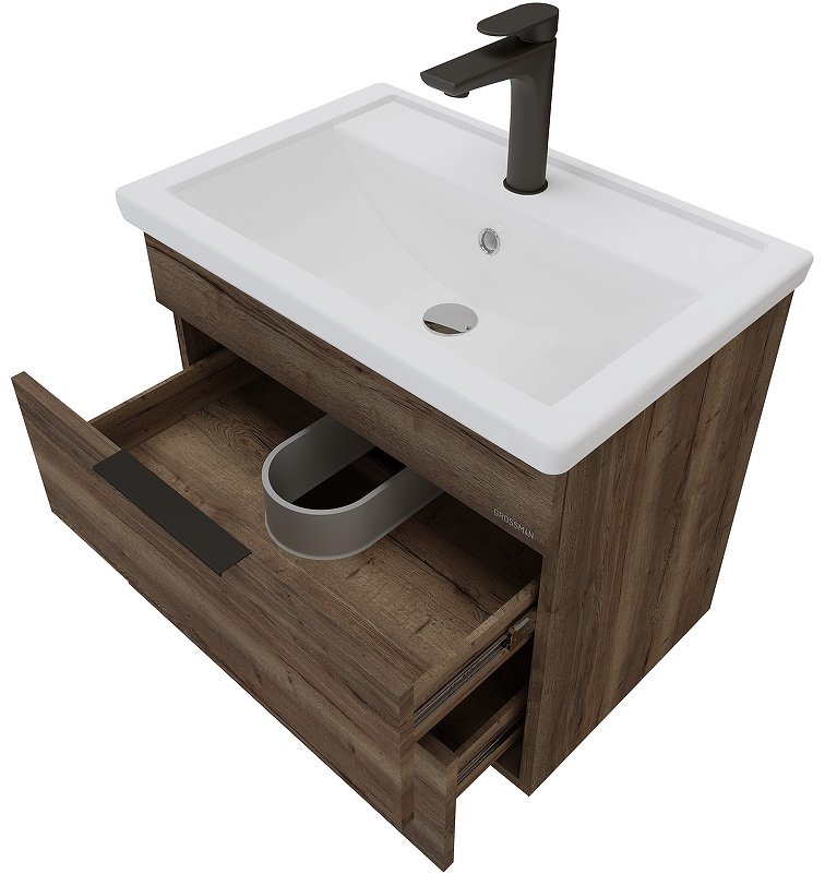 Комплект для ванной Grossman ФОРТА (шкаф-пенал, тумба под раковину, зеркало, раковина) темно-коричневый