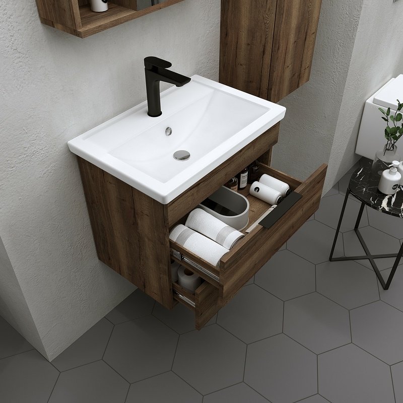 Комплект для ванной Grossman ФОРТА (шкаф-пенал, тумба под раковину, зеркало, раковина) темно-коричневый