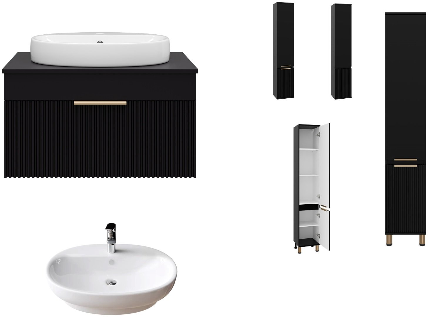 Комплект для ванной Brevita Enfida (шкаф-пенал, тумба под раковину, раковина) черный