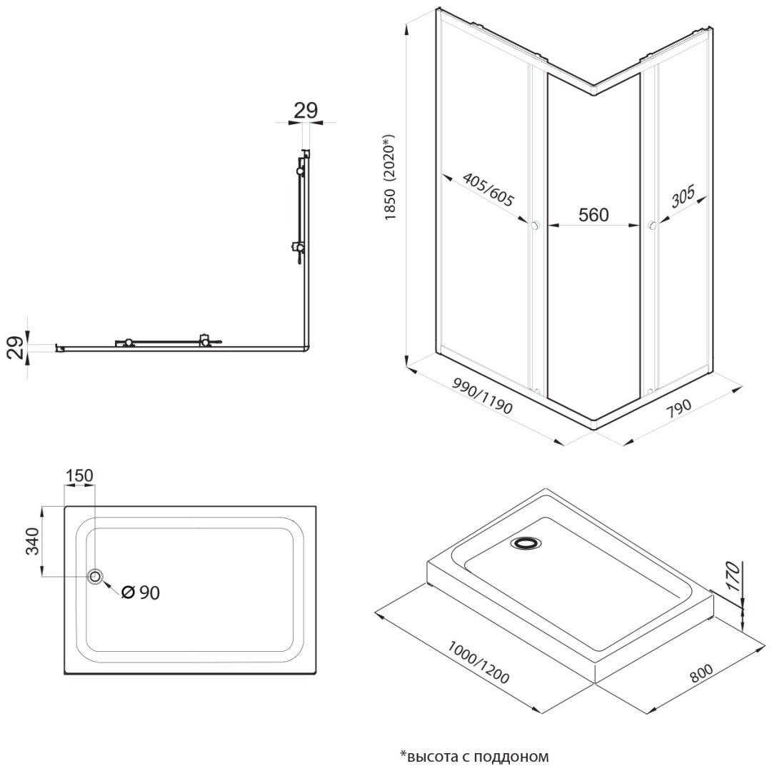 Душевое ограждение Triton двухстенное Вента-Блэк 183356, 800х2020 мм