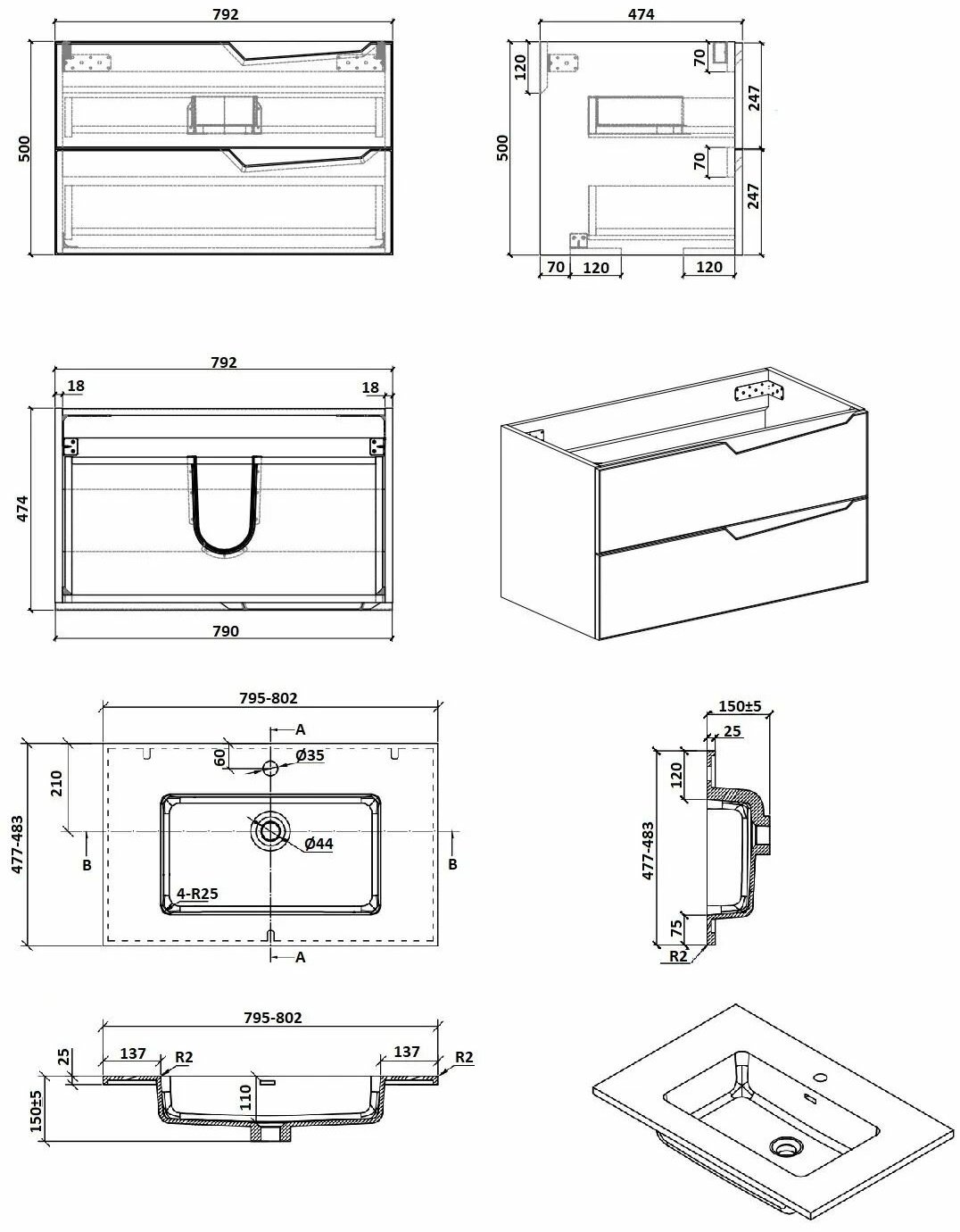 Тумба с раковиной Rhea80 , 80x55x48 см, серый
