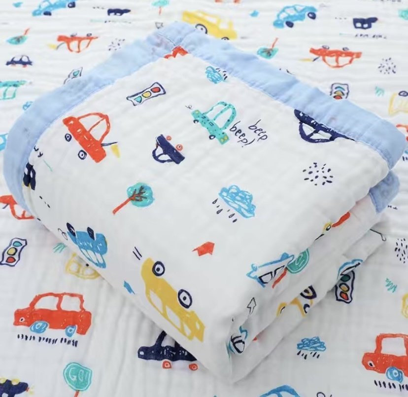 Детский плед Машинки 110х110 см, муслин, голубой, белый