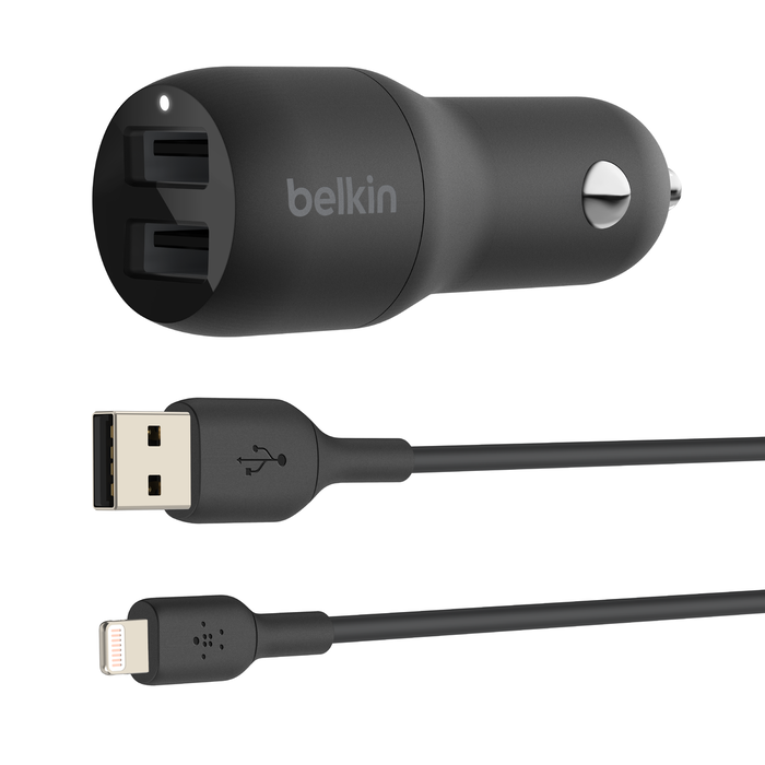 Автомобильное зарядное устройство Belkin Dual USB-A Car Charger 24W + USB-A to Lightning Cable CCD001bt1MBK купить,NaN