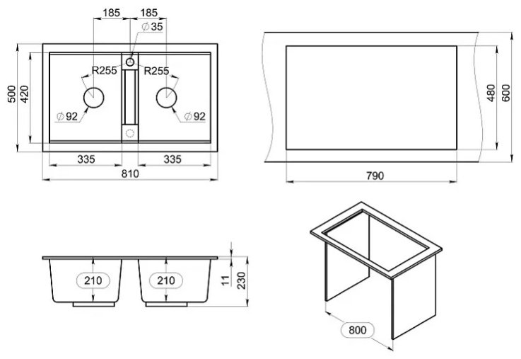 Кухонная мойка GRANULA 8101 Алюминиум врезная 81х50х21 см, кварцевый песок