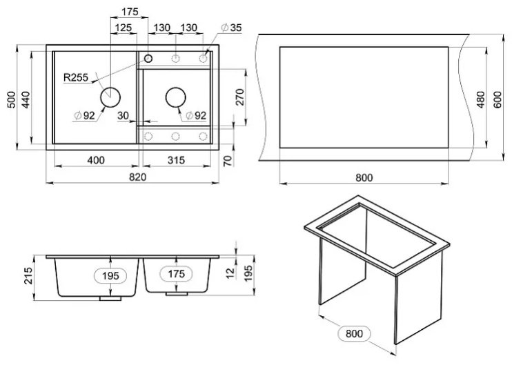 Кухонная мойка GRANULA 8201 ТУРМАЛИН врезная 82х50х20 см, кварцевый песок