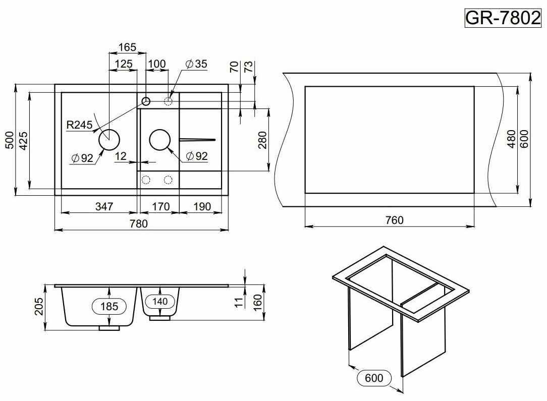 Кухонная мойка GRANULA 7802 врезная 78х50х18.5 см, кварцевый песок