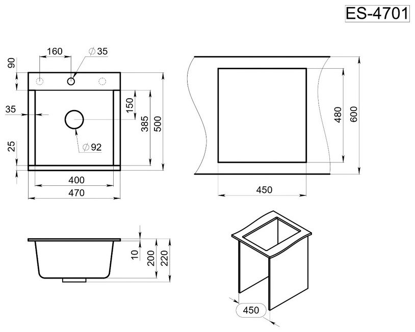Кухонная мойка GRANULA ESTETICA ES-4701 врезная 47х50х20 см, кварцевый песок