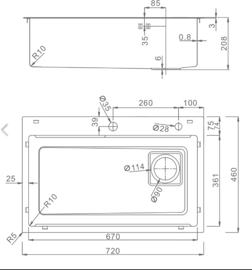 Кухонная мойка Raglo R702.7246.09 врезная 46х72х21 см, нержавеющая сталь, тон графитовый