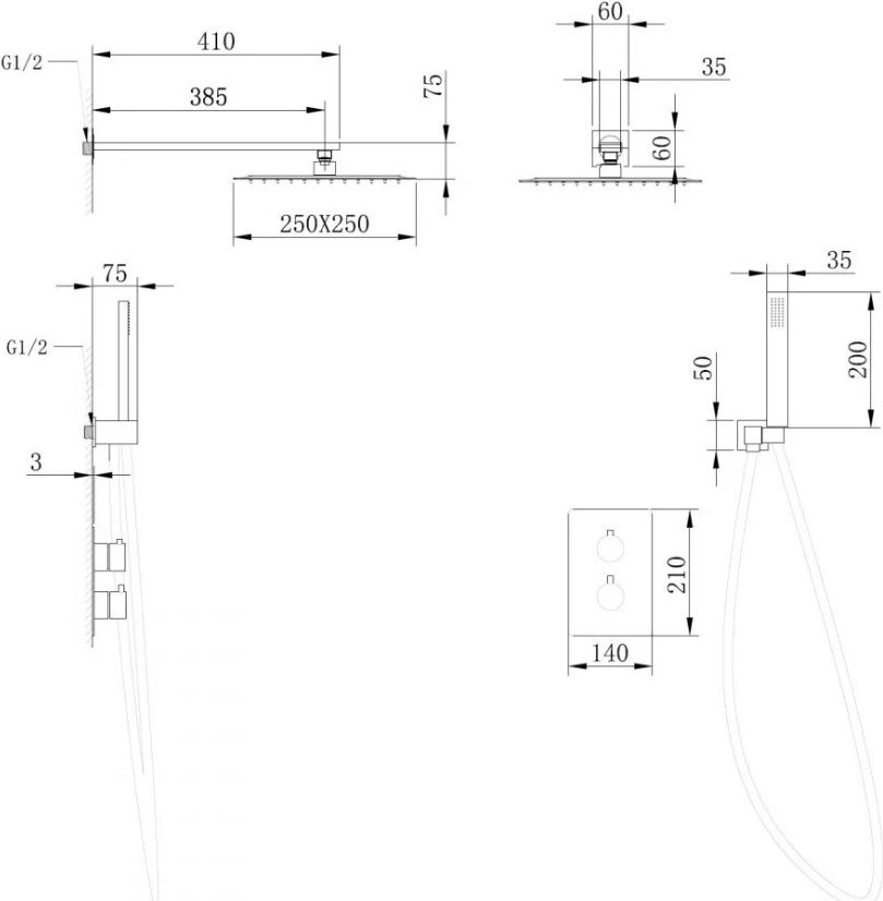 Душевая система ABBER Weiss Insel AF8051B скрытого монтажа без излива, термостат, черный матовый