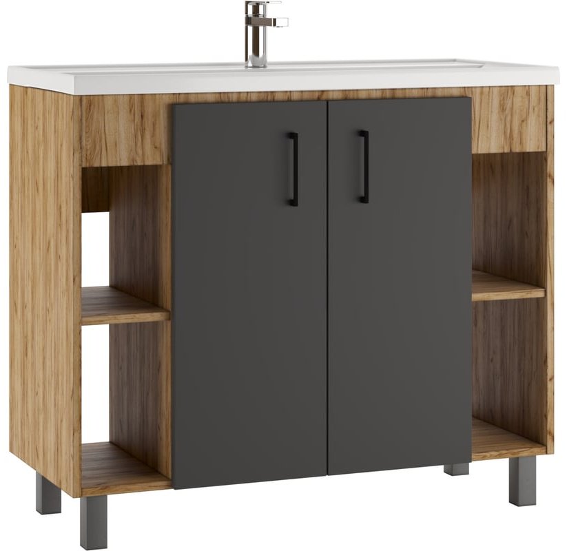 Комплект для ванной KABINKA.KZ Байтерек (тумба под раковину, зеркало, раковина) коричневый, графит