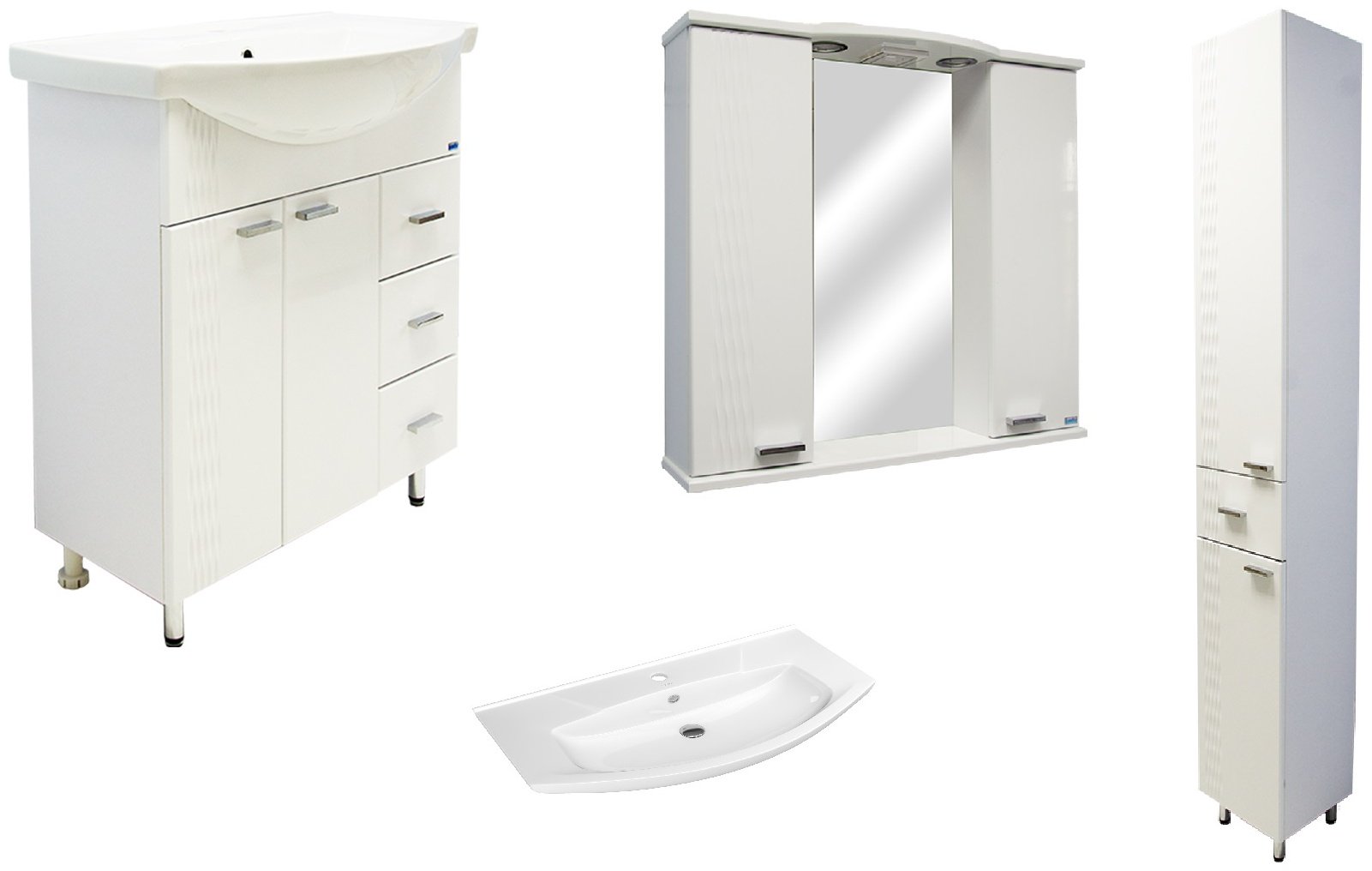 Комплект для ванной Lindis Оптима (шкаф, шкаф-пенал, тумба под раковину, раковина) белый