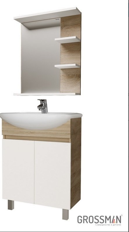 Комплект для ванной Grossman Поло 60 (тумба под раковину, зеркало, раковина) белый, коричневый