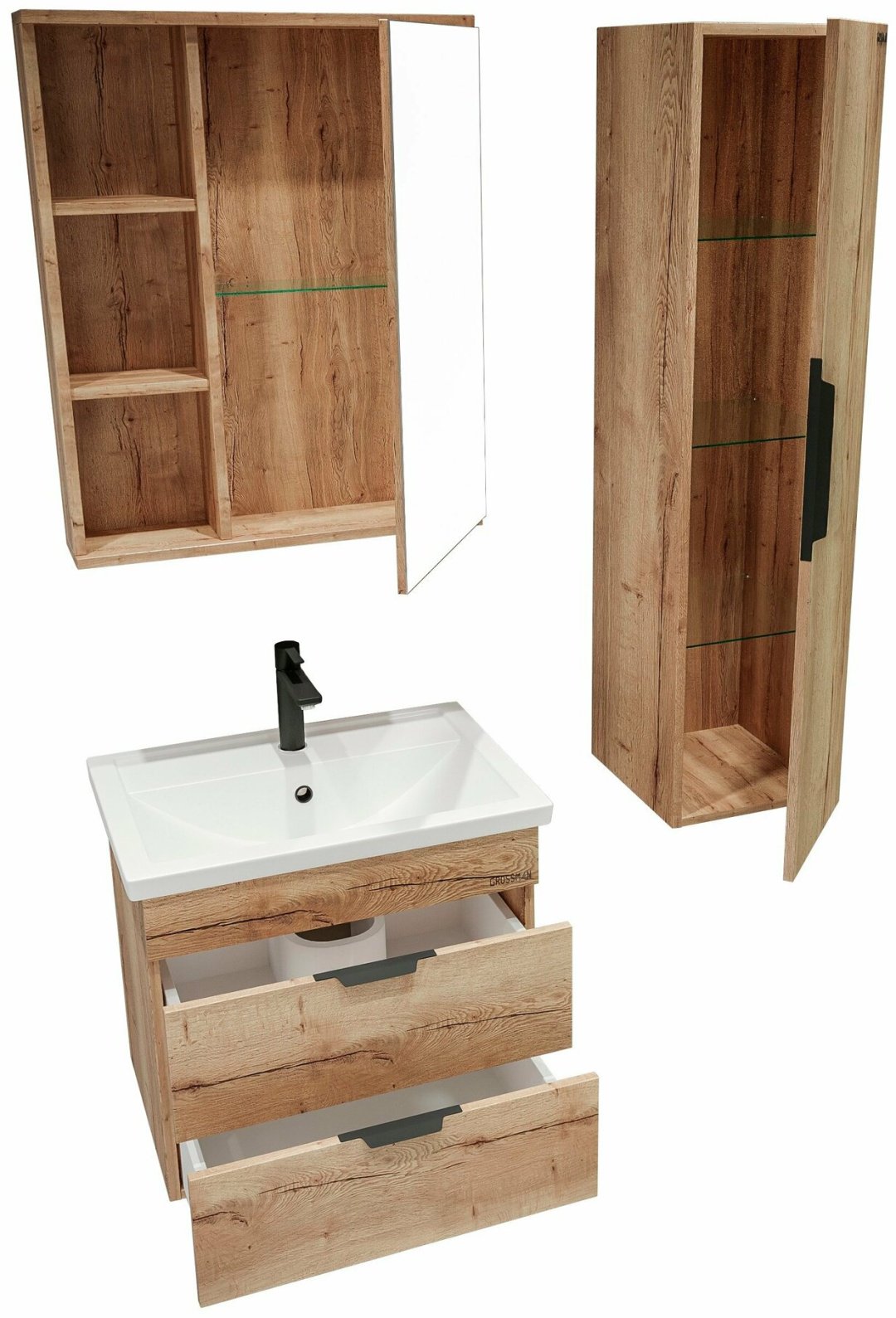 Комплект для ванной Grossman ФОРТА 60 (шкаф, шкаф-пенал, тумба под раковину, раковина) коричневый