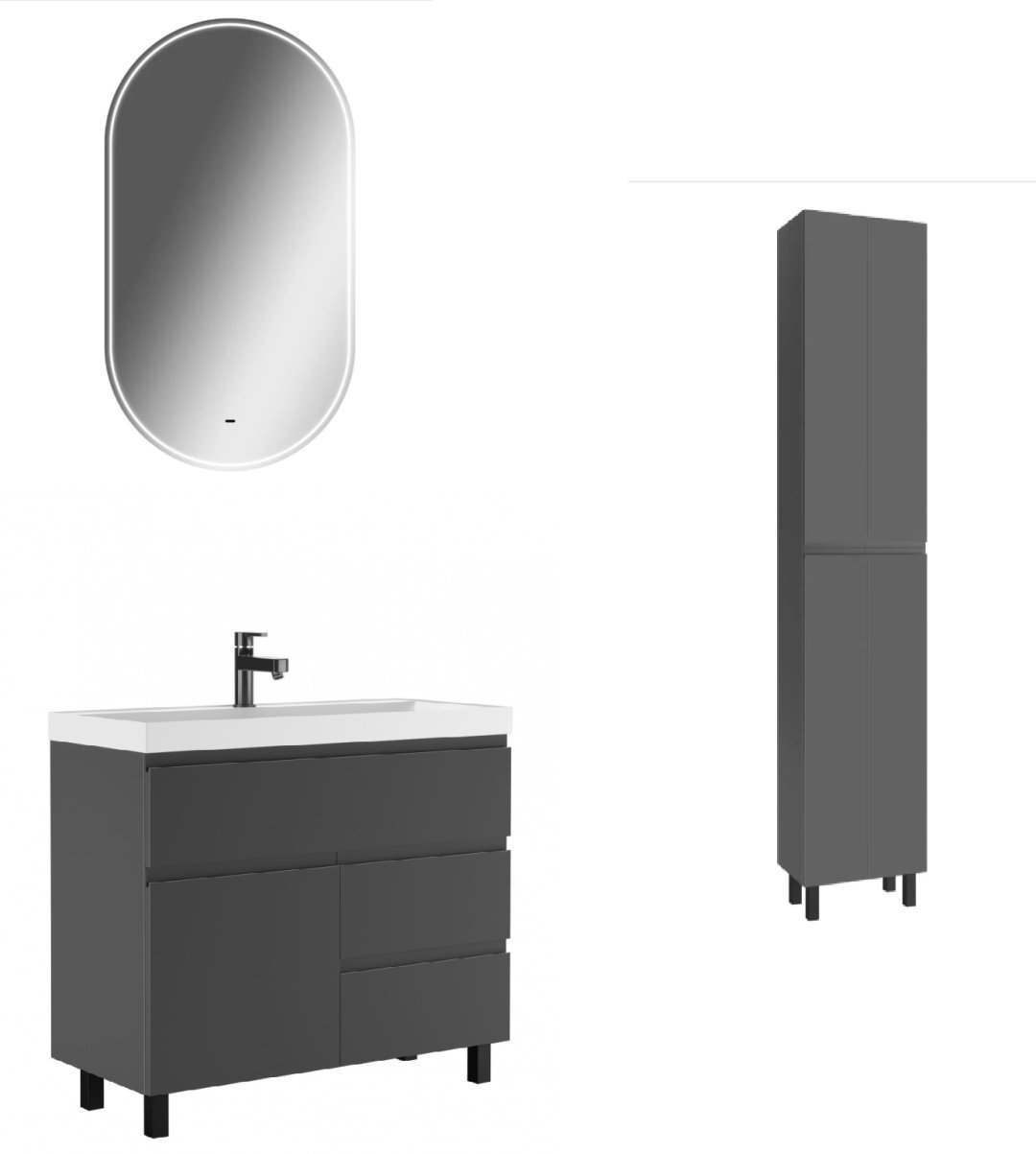 Комплект для ванной KABINKA.KZ Bazis 100 (шкаф-пенал, тумба под раковину, зеркало, раковина) серый