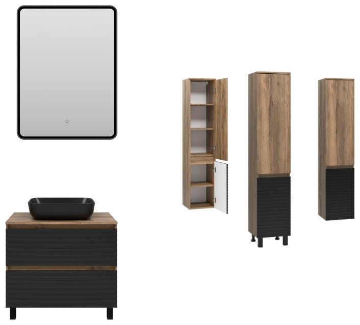 Комплект для ванной Dakota - 60 (шкаф-пенал, тумба под раковину, зеркало, раковина) черный, коричневый