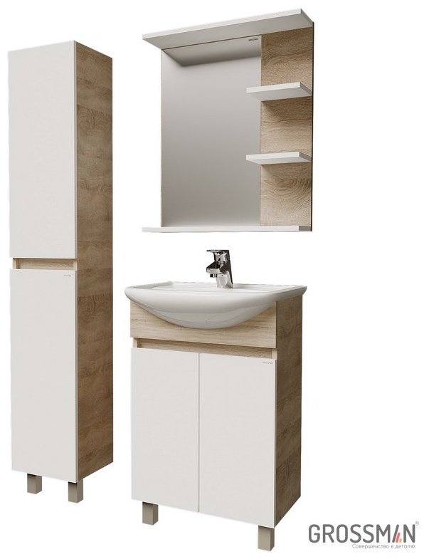 Комплект для ванной Grossman ПОЛО 55 (шкаф-пенал, тумба под раковину, зеркало, раковина) белый, коричневый