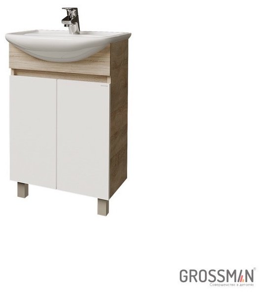 Комплект для ванной Grossman ПОЛО 55 (шкаф-пенал, тумба под раковину, зеркало, раковина) белый, коричневый