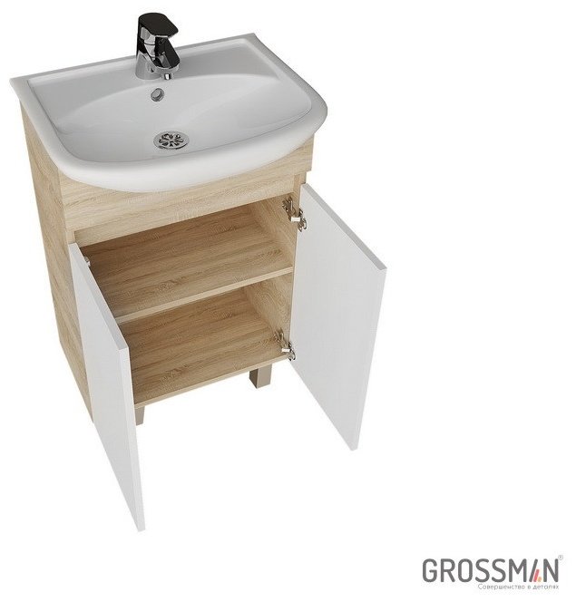 Комплект для ванной Grossman ПОЛО 55 (шкаф-пенал, тумба под раковину, зеркало, раковина) белый, коричневый