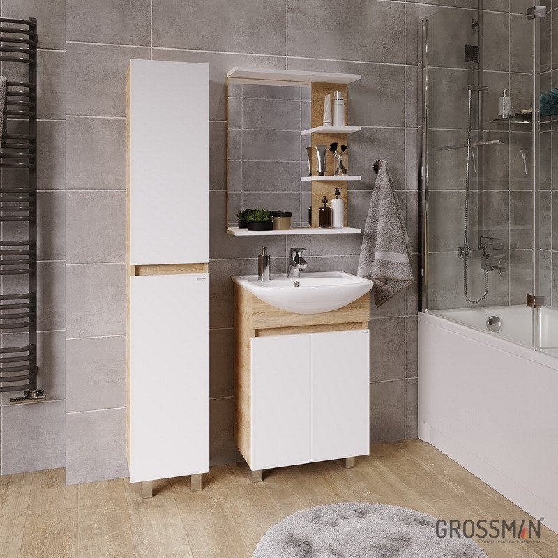 Комплект для ванной Grossman ПОЛО 55 (шкаф-пенал, тумба под раковину, зеркало, раковина) белый, коричневый