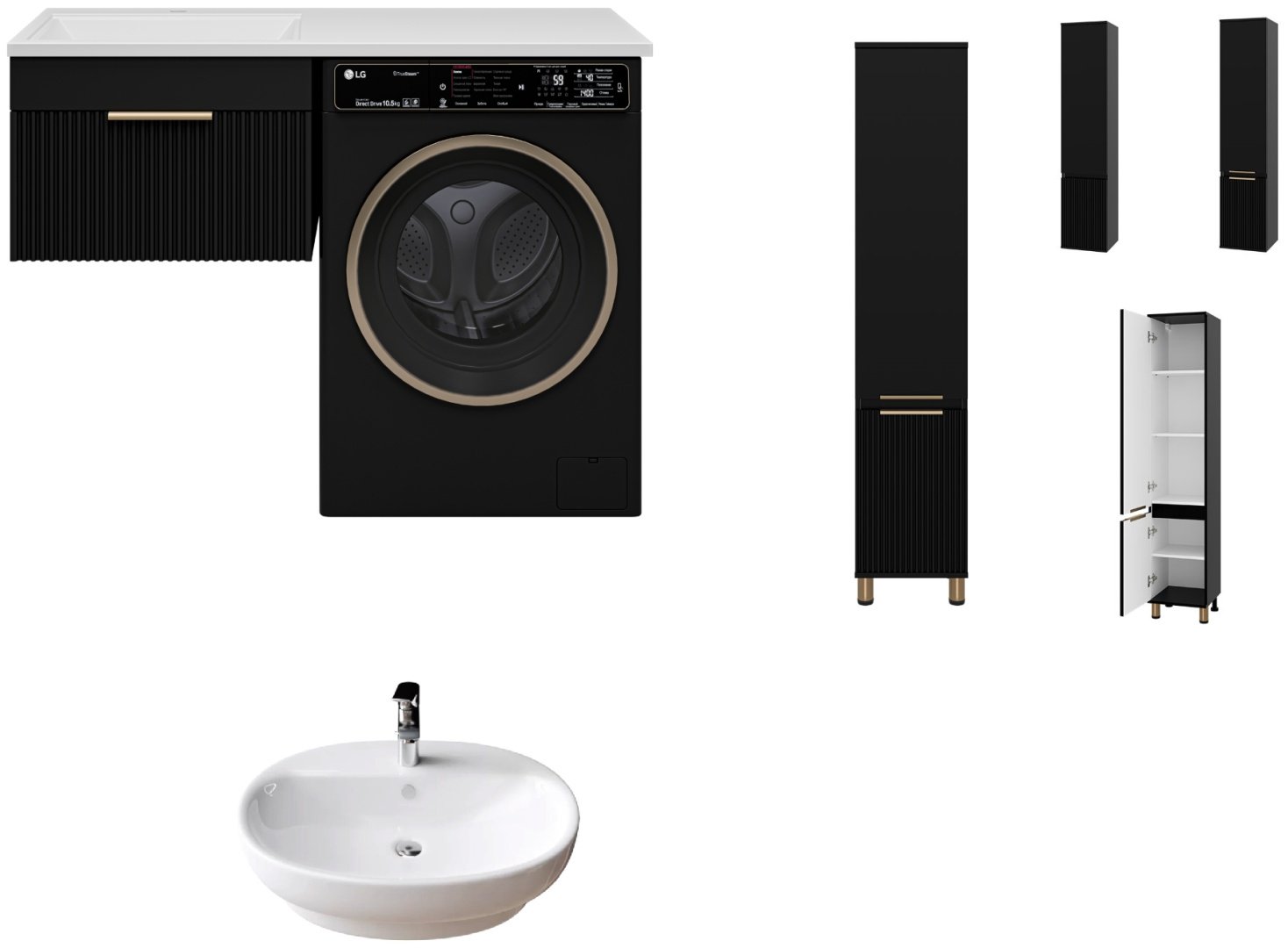 Комплект для ванной Brevita Enfida (шкаф-пенал, тумба под раковину, раковина) черный