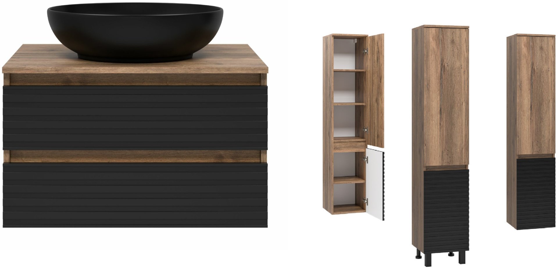 Комплект для ванной Brevita DAKOTA 70 (шкаф-пенал, тумба под раковину, раковина) черный, коричневый