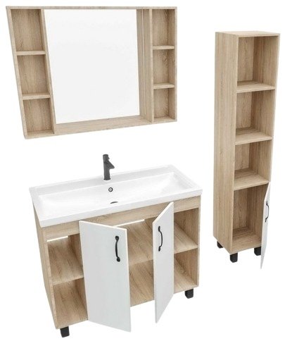 Комплект для ванной Grossman ФЛАЙ 100 (шкаф-пенал, тумба под раковину, зеркало, раковина) белый, коричневый