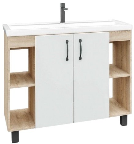 Комплект для ванной Grossman ФЛАЙ 100 (шкаф-пенал, тумба под раковину, зеркало, раковина) белый, коричневый