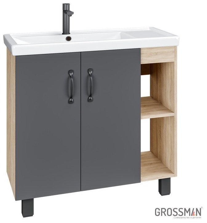 Комплект для ванной Grossman Флай 80 (шкаф-пенал, тумба под раковину, зеркало, раковина) серый, коричневый