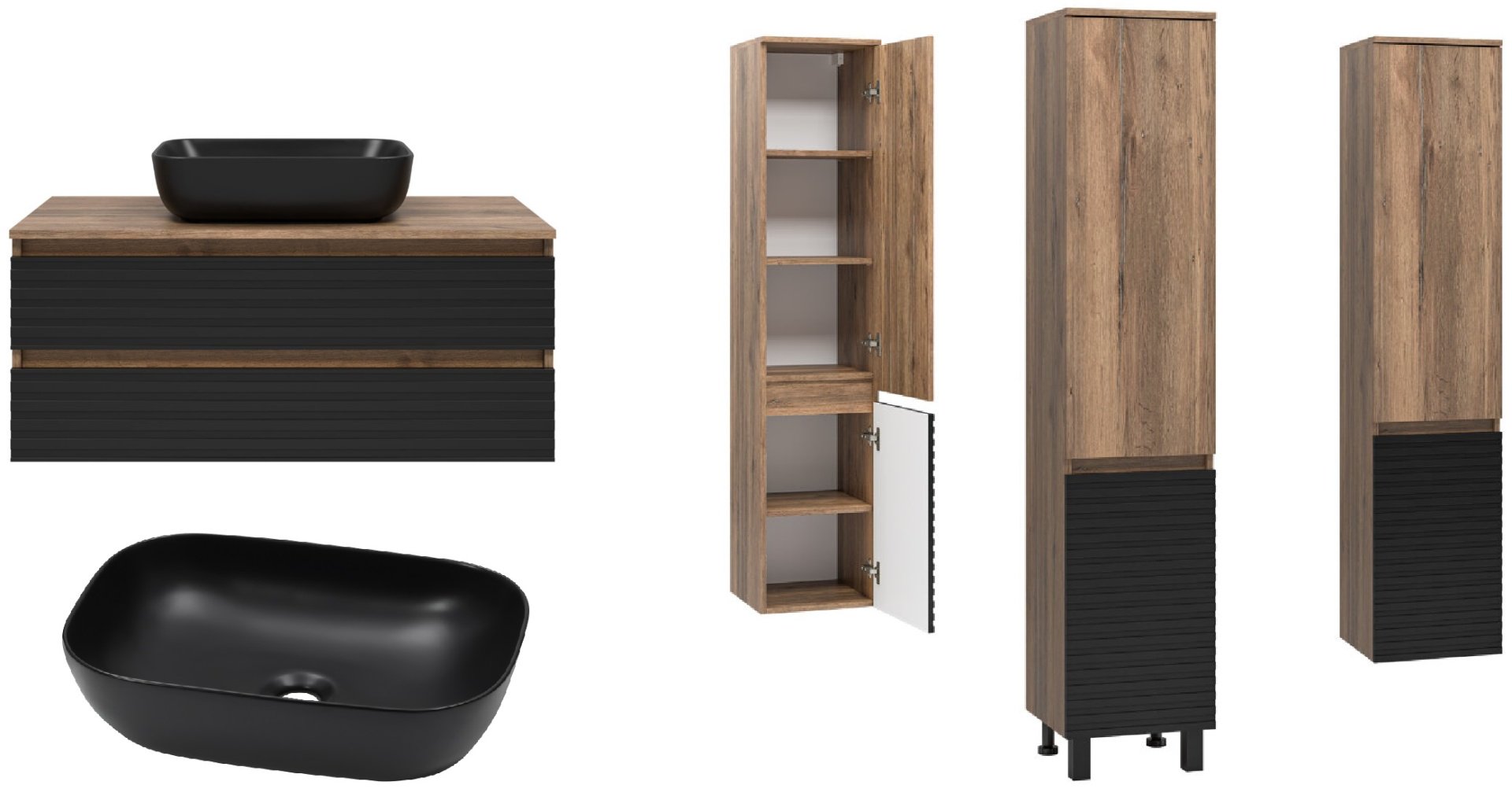 Комплект для ванной Brevita DAKOTA (шкаф-пенал, тумба под раковину, раковина) черный, коричневый