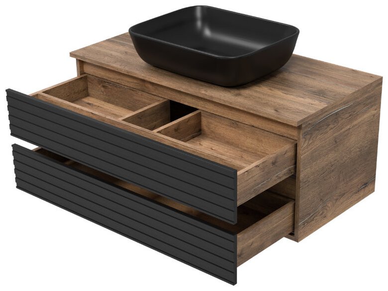 Комплект для ванной Brevita DAKOTA (шкаф-пенал, тумба под раковину, раковина) черный, коричневый