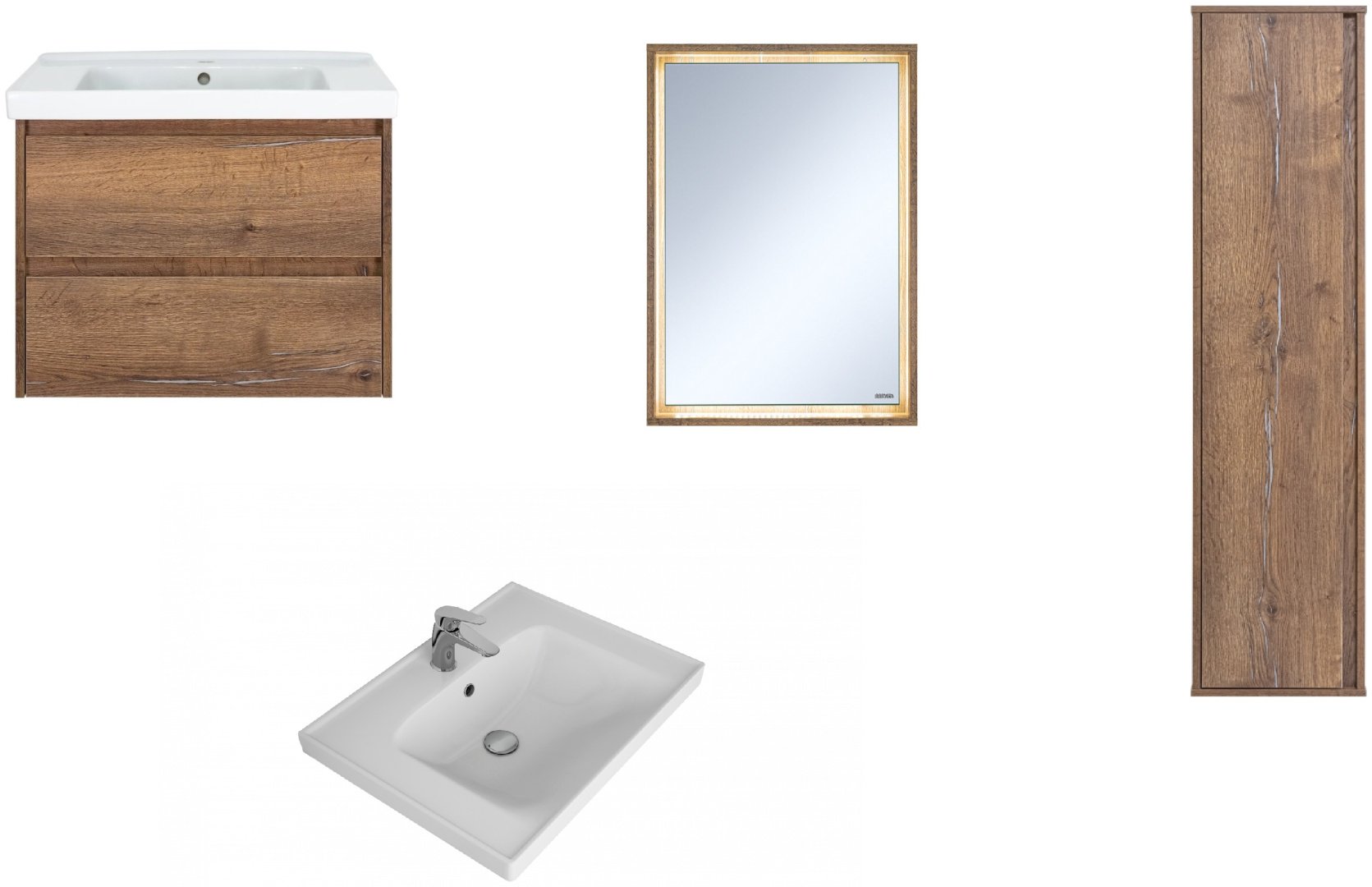 Комплект для ванной Brevita Dallas (шкаф-пенал, тумба под раковину, зеркало, раковина) коричневый