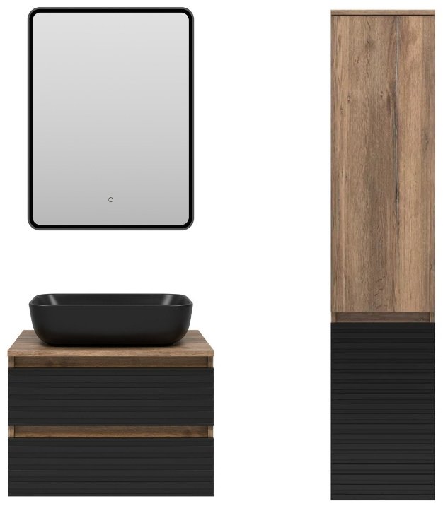Комплект для ванной KABINKA.KZ DAKOTA-60 (шкаф-пенал, тумба под раковину, зеркало, раковина) черный, коричневый