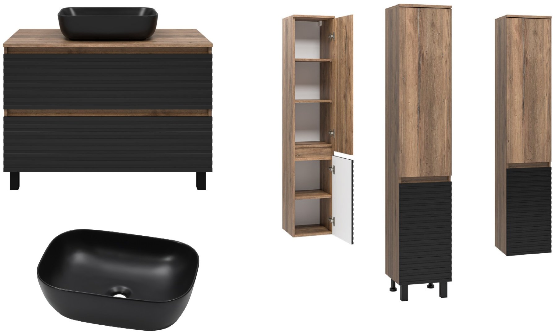 Комплект для ванной Brevita DAKOTA (шкаф-пенал, тумба под раковину, раковина) черный, коричневый