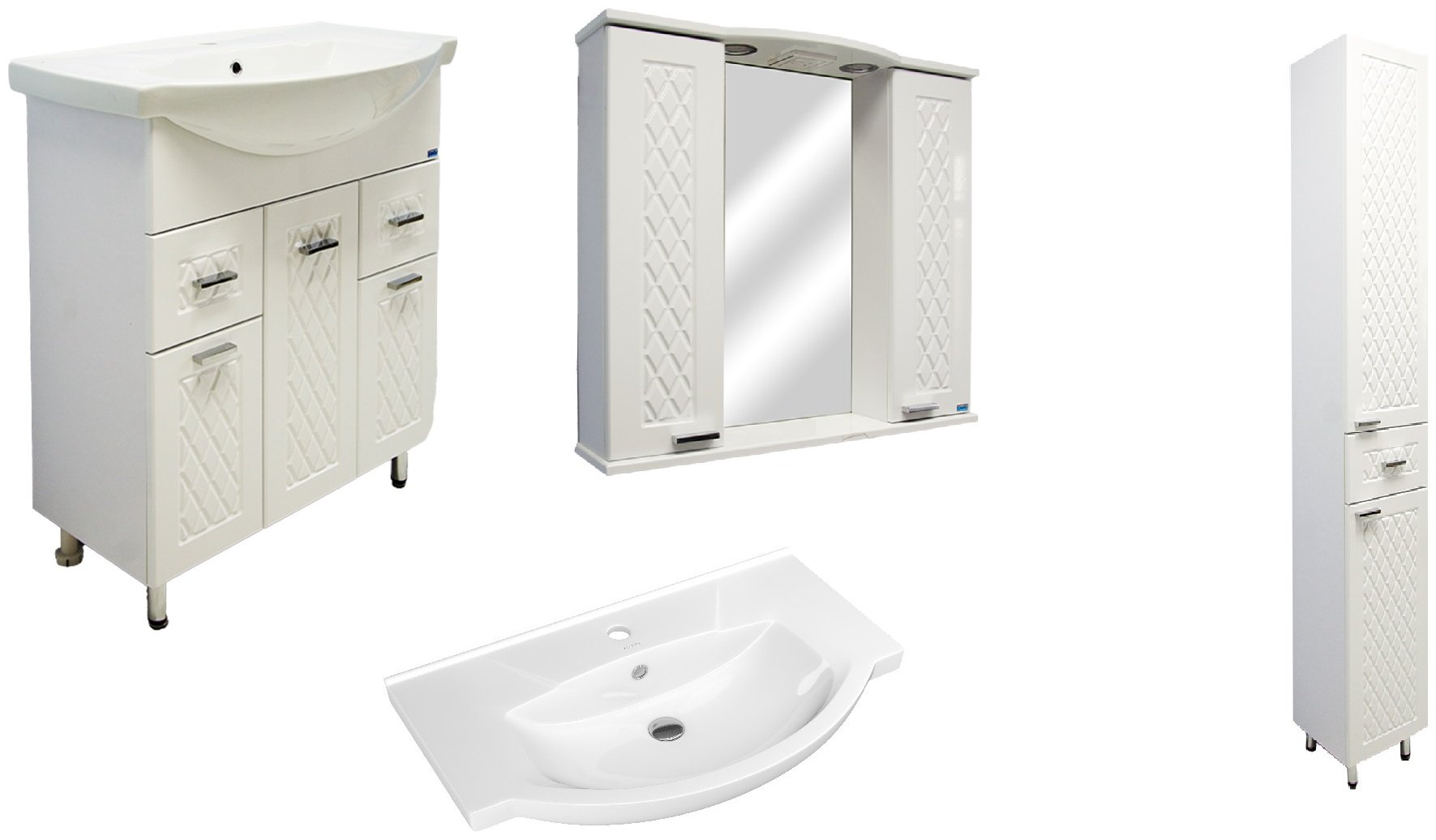 Комплект для ванной Lindis Максима (шкаф, шкаф-пенал, тумба под раковину, раковина) белый